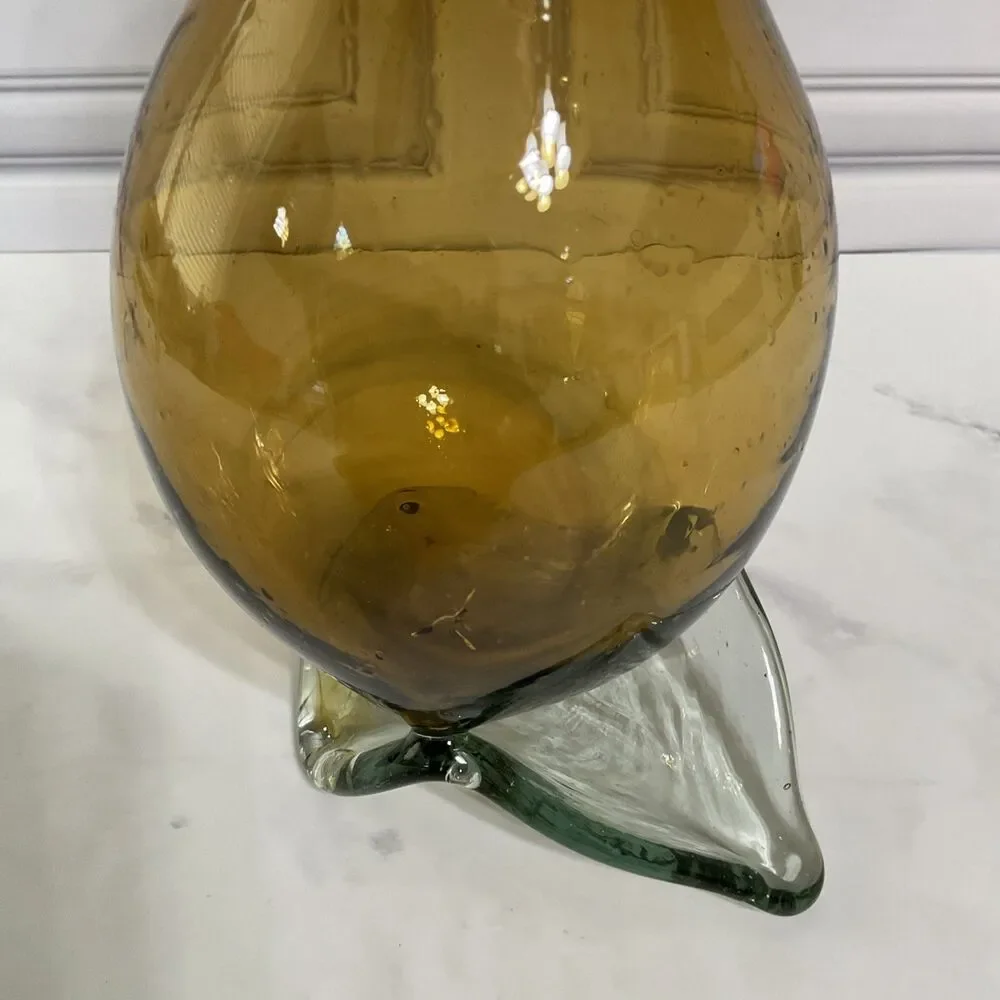 Hand Blown Glass Amber Pitcher with attached Clear Handle 10.5”Tall Clear Base
